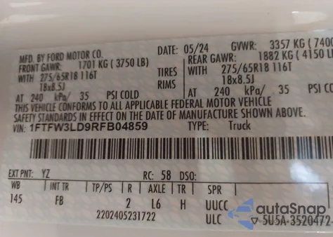 2024 Ford F-150 Xlt z USA, uszkodzony, nr VIN 1FTFW3LD9RFB04859